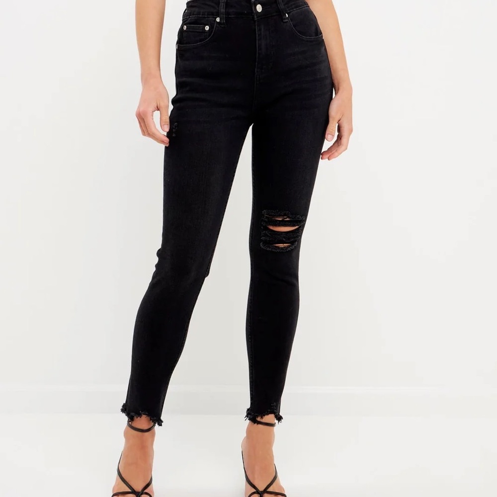 Good American High Rise Skinny Jeans Size 25 in Black Ripped Fray Hem - Picture 1 of 9